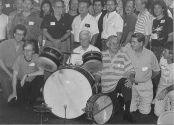John Roy posed with other drummers, including several former students, at a drummers' gathering at the Musician's Union in 1992. Photo by Jean Metcalfe